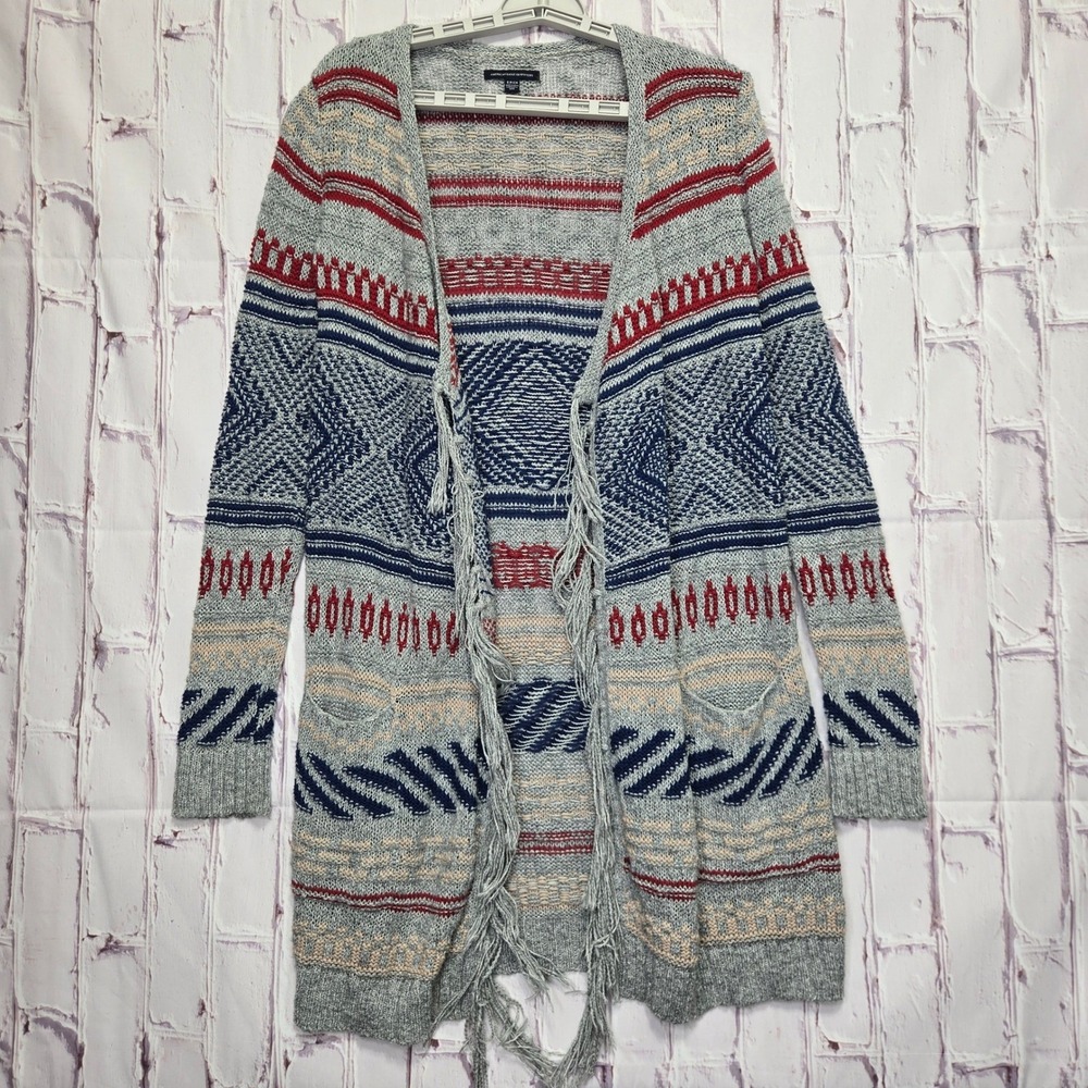 American Eagle Cardigan Gray Red Blue Southwestern Boho Fringe Sweater Womens S
